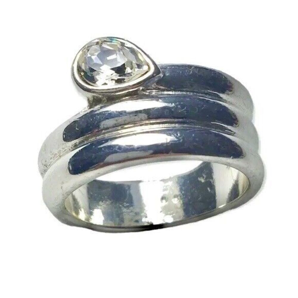 Rhinestone Teardrop Ring Size 6.75 Silver Tone Coil Wrap Band